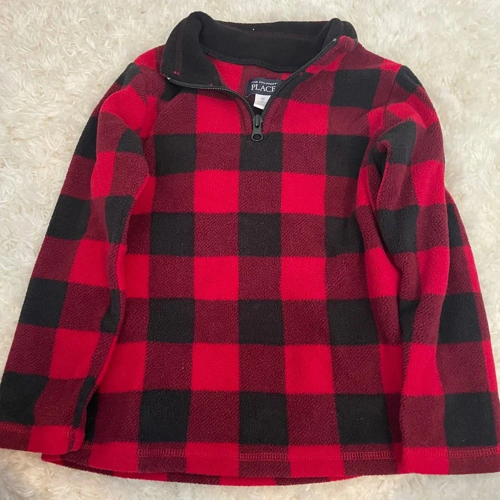 The Childrens Place Boys 5T Buffalo Plaid Fleece Quarter Zip Pullover‎ Red Black